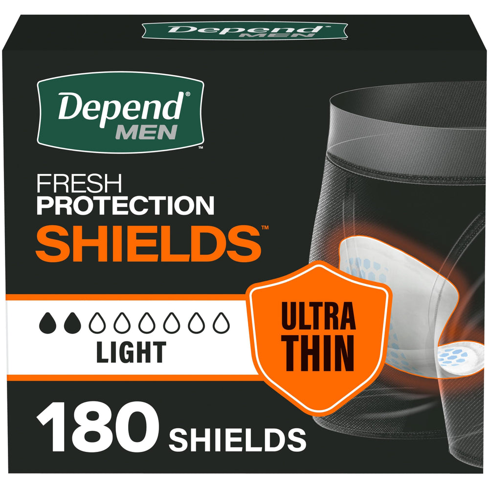 Depend front packaging showing 180-count and light absorbency benefit