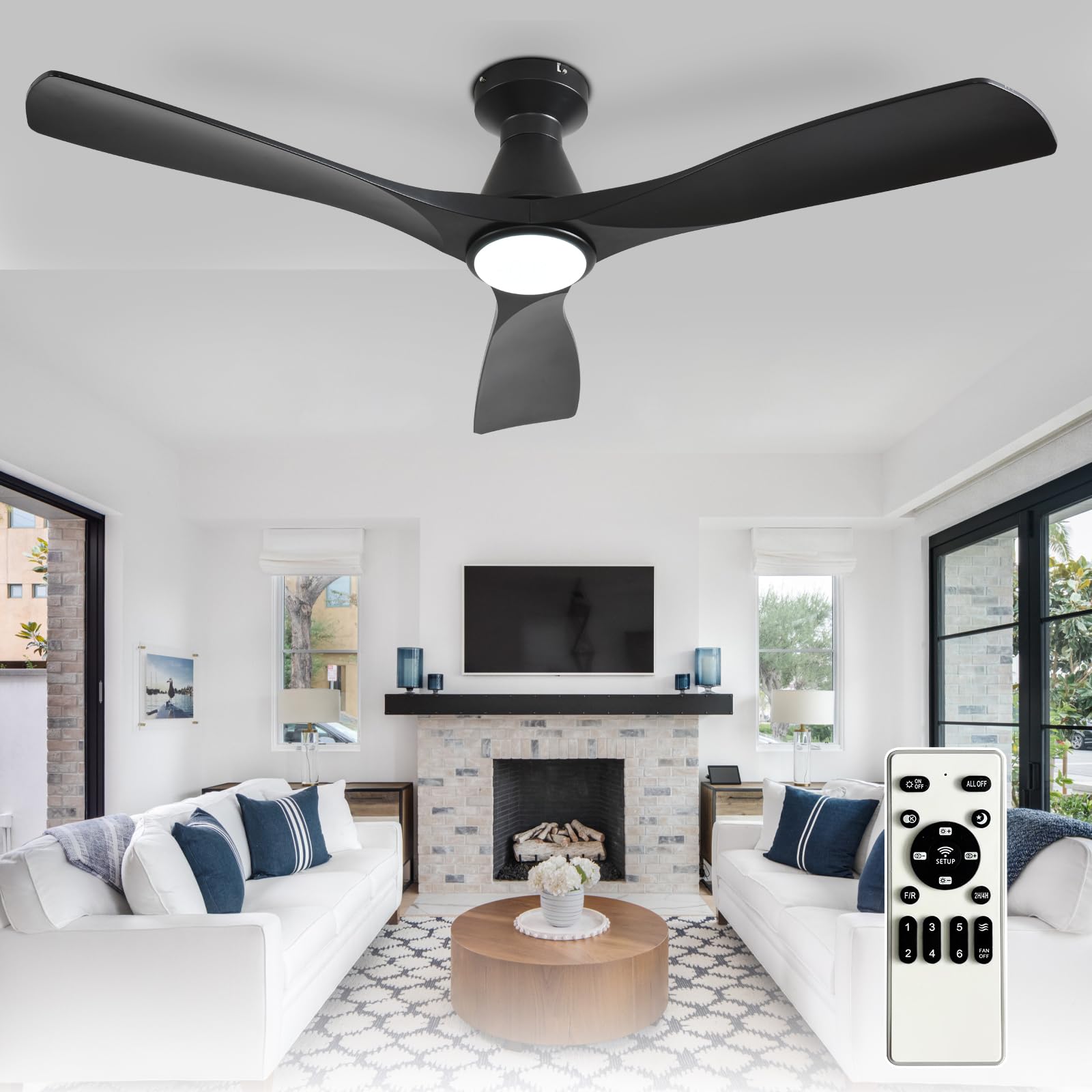 Depuley 52-inch front view in black showing modern slim profile and airflow benefit