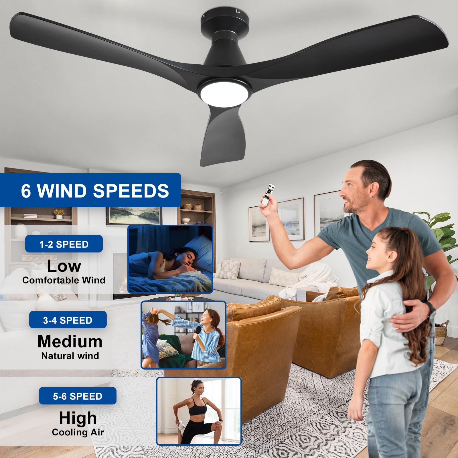 Depuley remote control close-up showing easy fan and light adjustment benefit