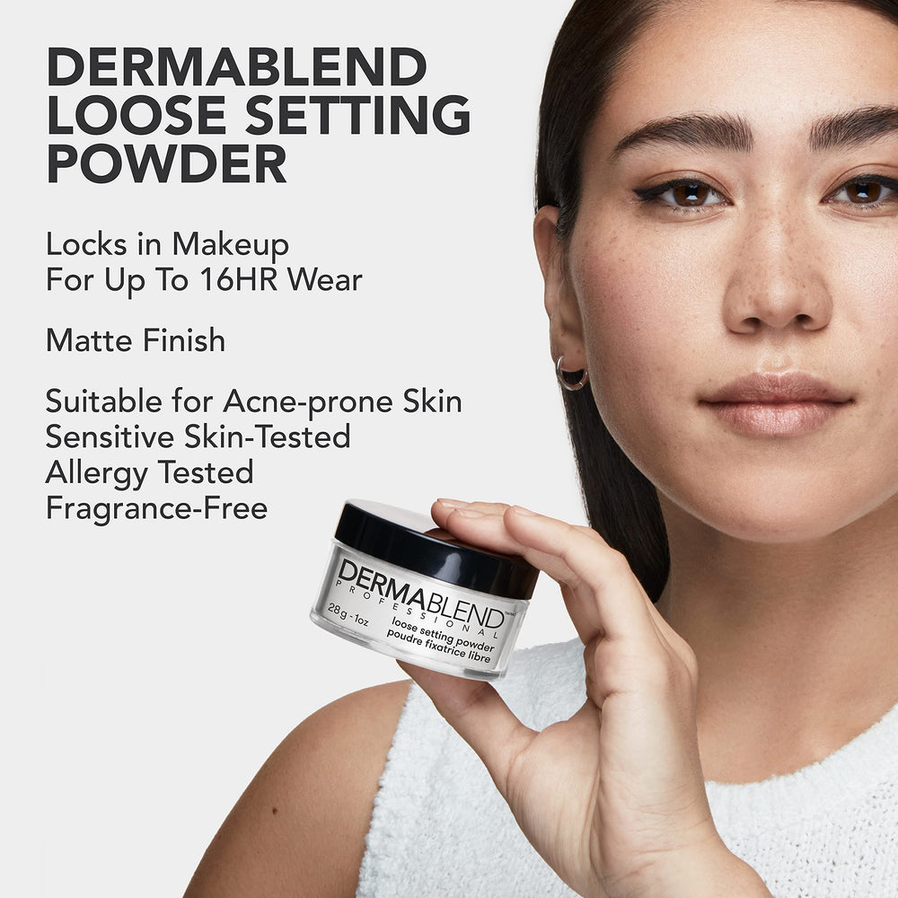 Makeup artist applying Dermablend powder for photo-ready, reduced shine