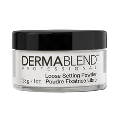 Dermablend jar front view showing translucent loose powder and secure lid benefit