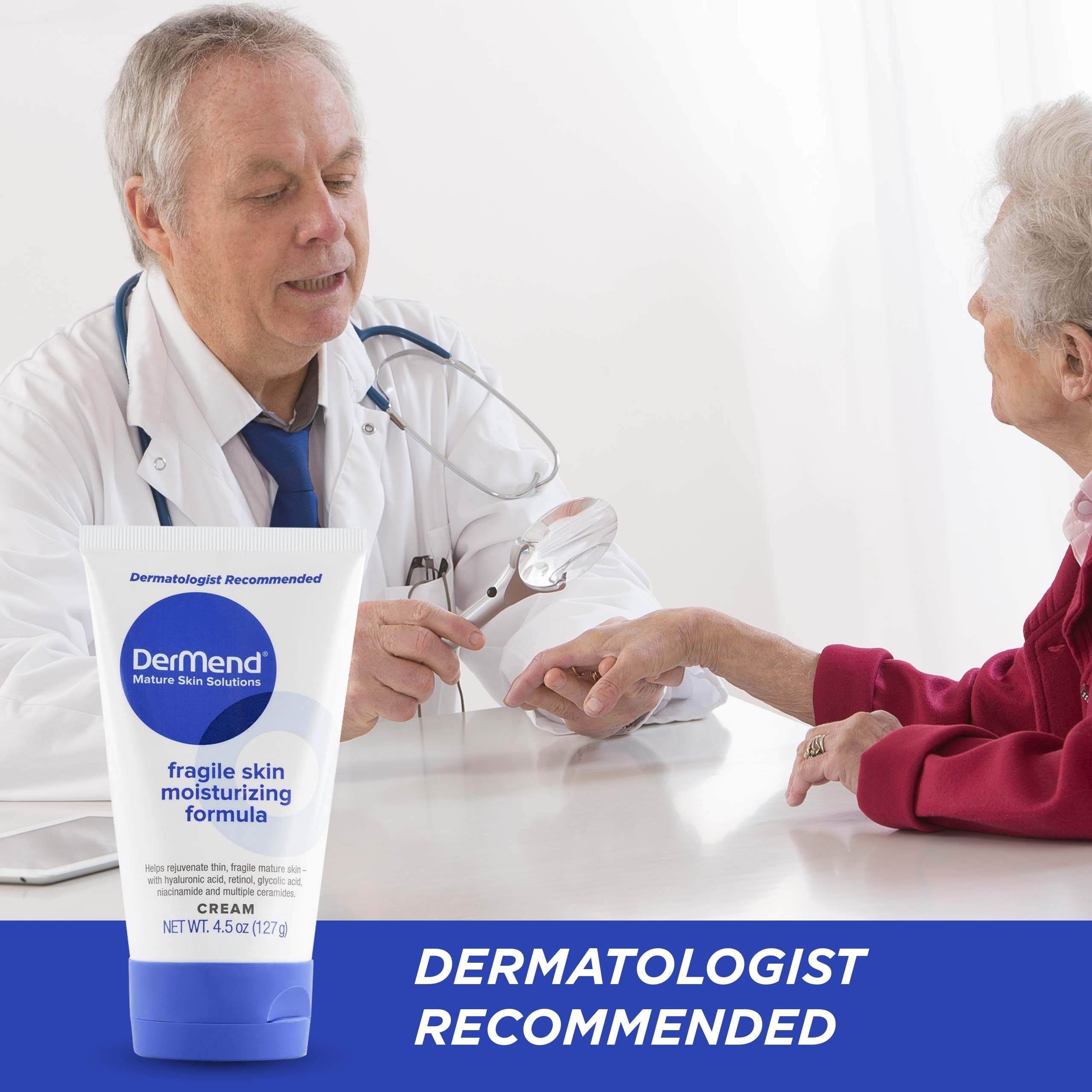 DerMend applied to knee and elbow showing targeted care for crepey areas