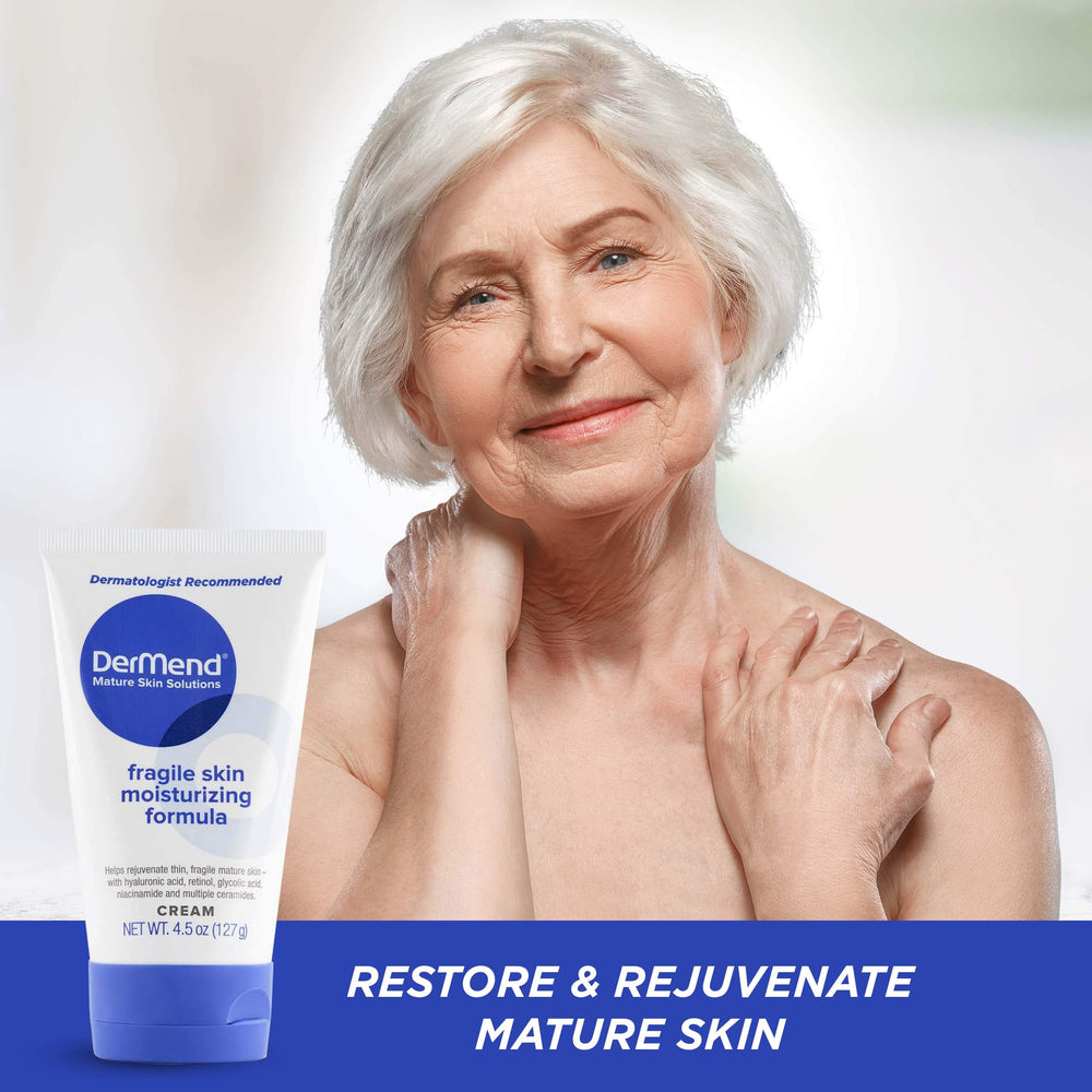 DerMend applied to face showing gentle smoothing benefit for mature skin