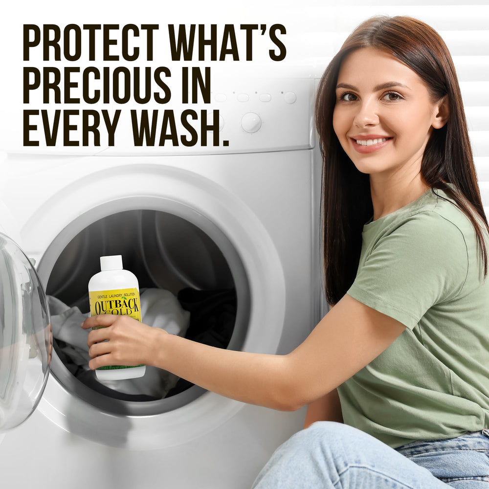 Laundry room lifestyle with Desert Breeze Outback Gold and folded wool items nearby