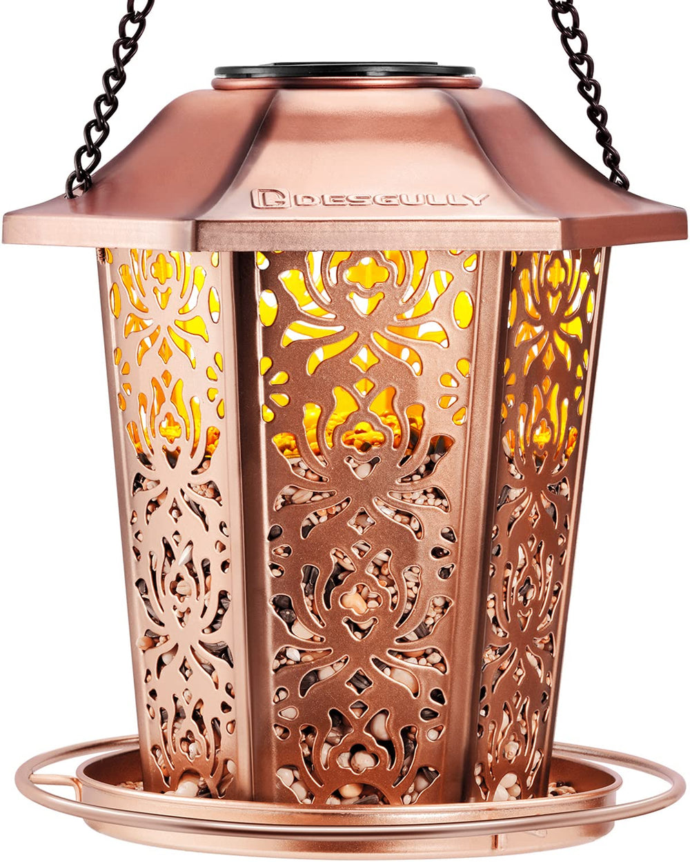 DesGully front view hanging bird feeder showing durable metal and accessible tray, invites more birds