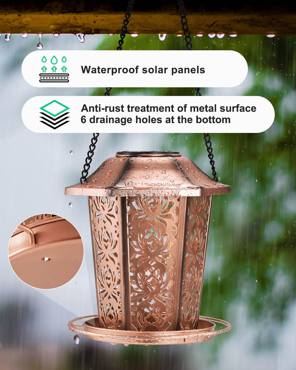 DesGully in garden lifestyle hanging from branch illustrating durable weatherproof use and bird attraction