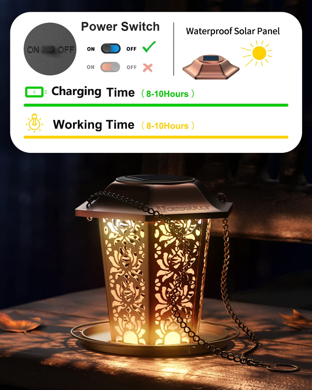 DesGully solar panel and lantern top view highlighting rechargeable light and night-time ambiance