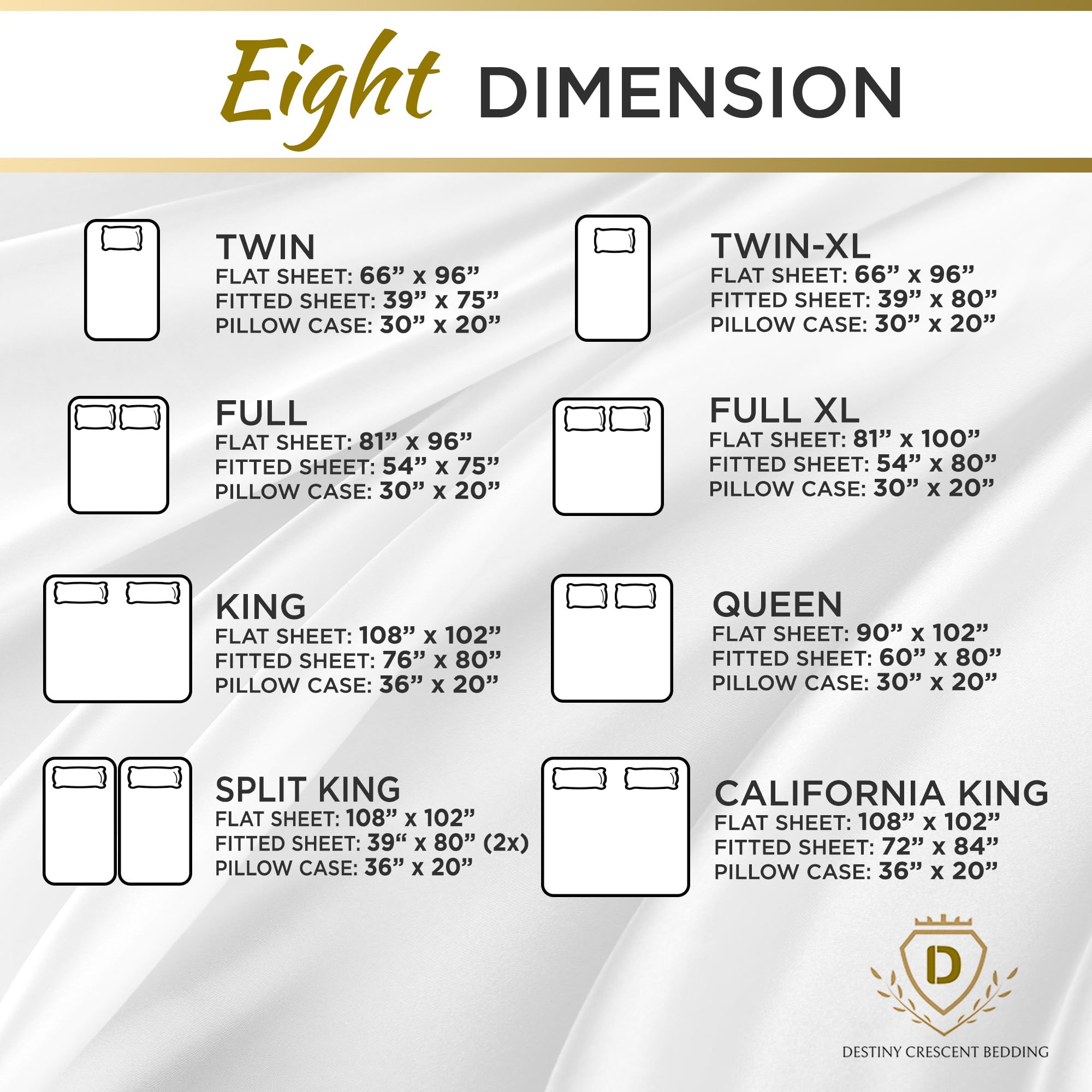 DESTINY CRESCENT BEDDING size comparison graphic illustrating Full XL dimensions and pocket depth