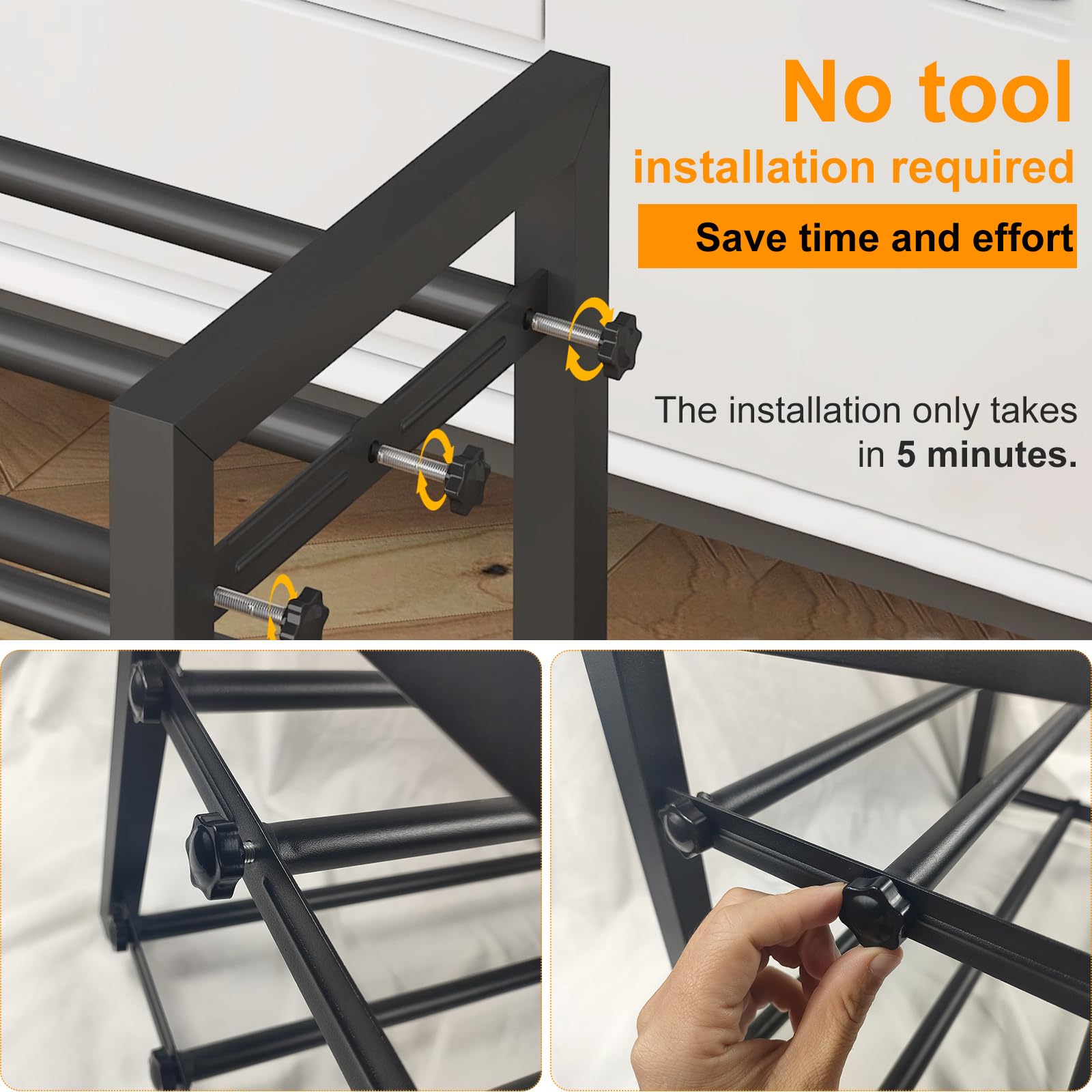 Detsuk tool-free hand-tightened screws detail for quick assembly benefit