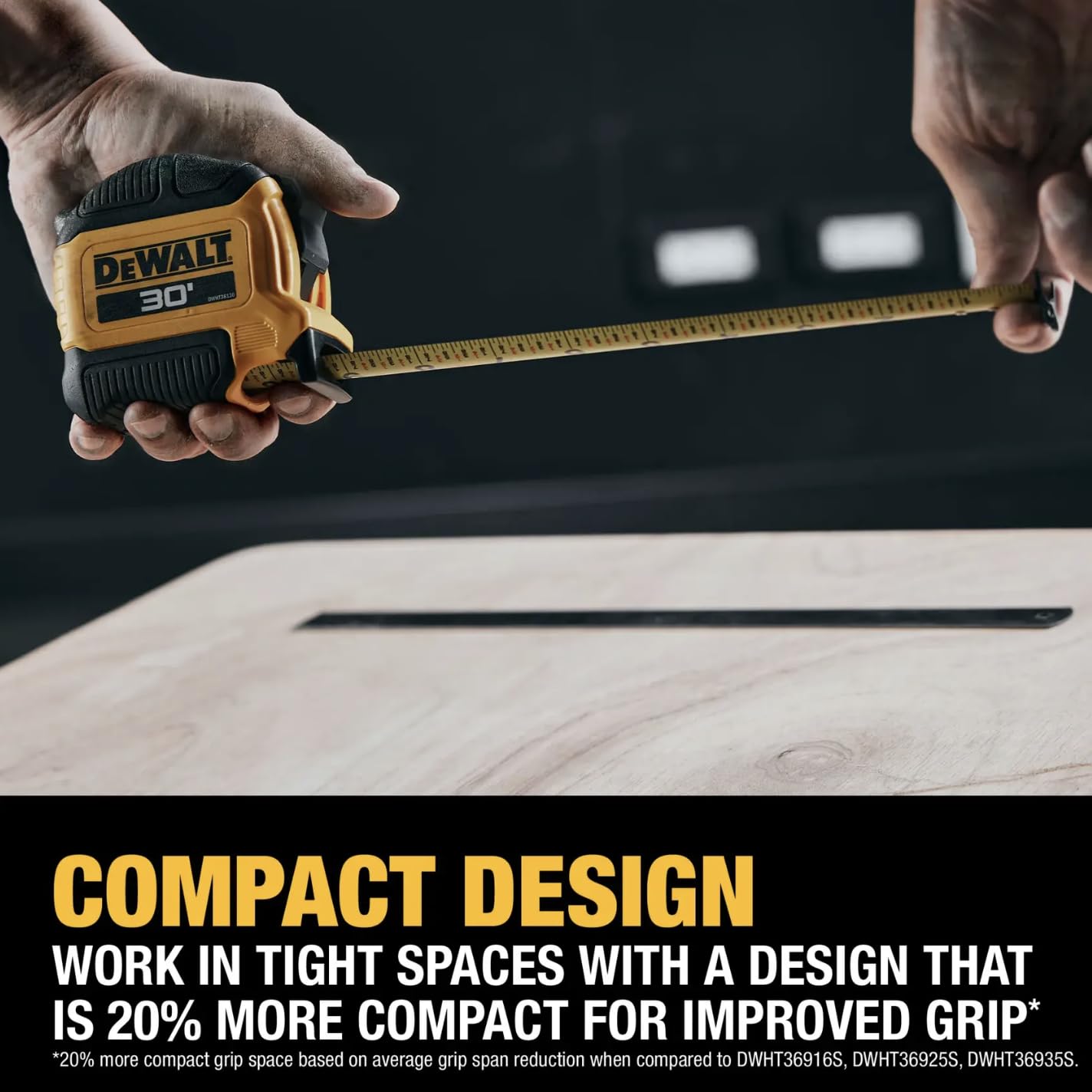 DEWALT tape held in hand demonstrating comfortable one-handed use