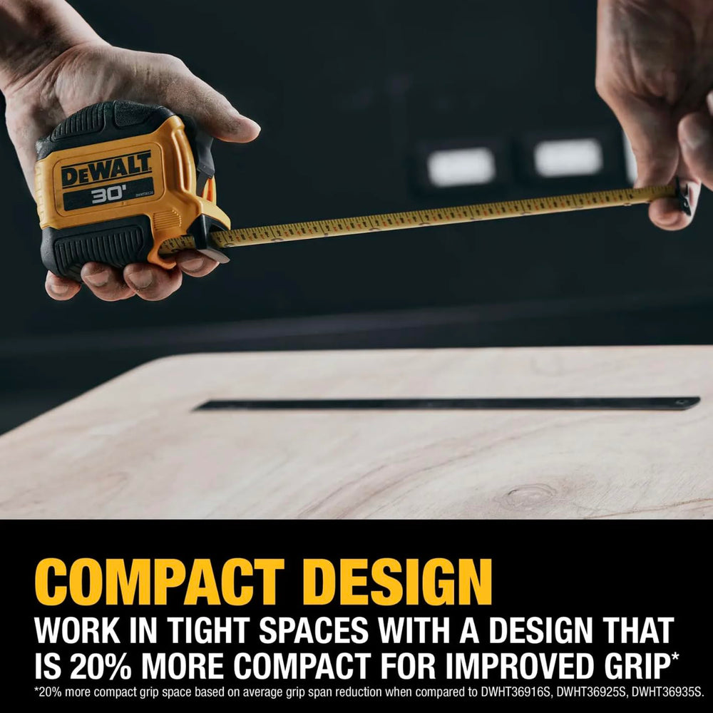 DEWALT tape held in hand demonstrating comfortable one-handed use