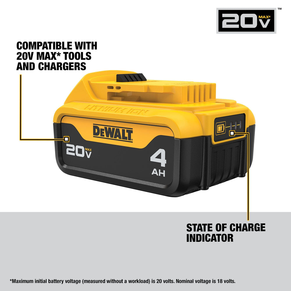 DEWALT battery LED indicator illuminated for quick state-of-charge checks
