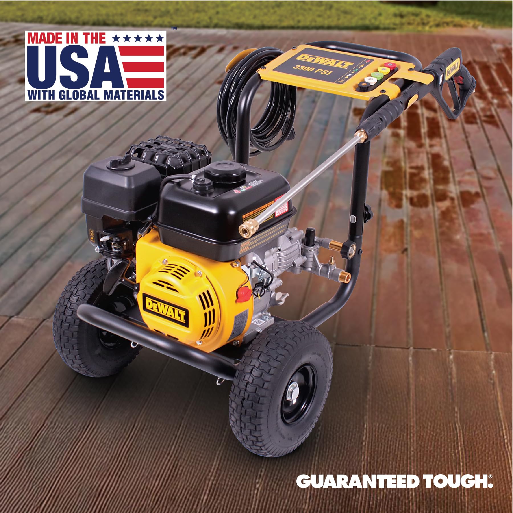 DEWALT cleaning a wooden deck illustrating effective outdoor stain removal