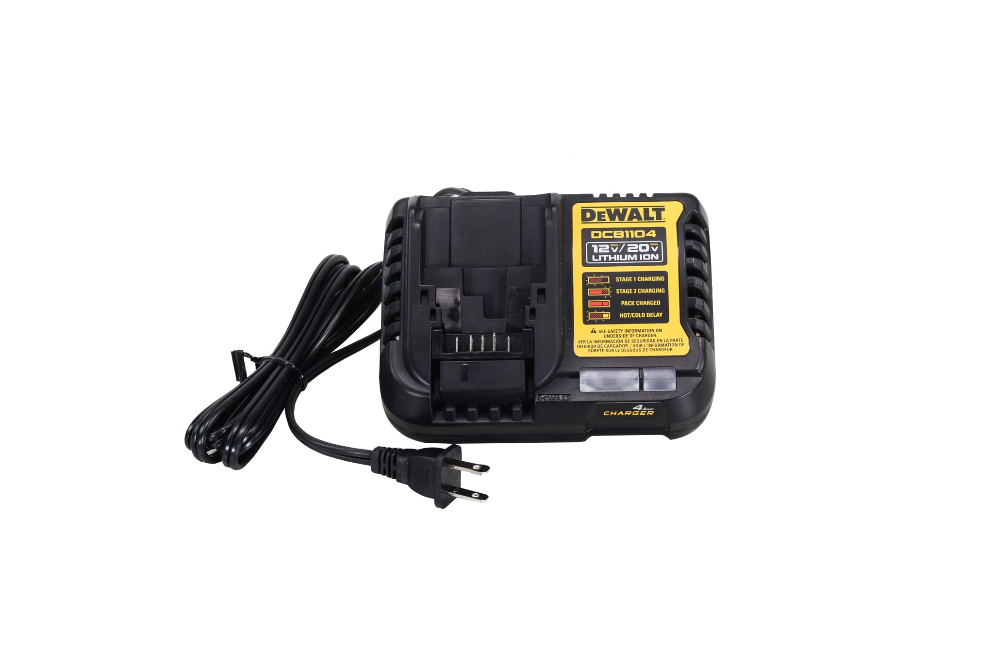 DEWALT DCB1104 front view showing compact charger and port, boosts workflow speed
