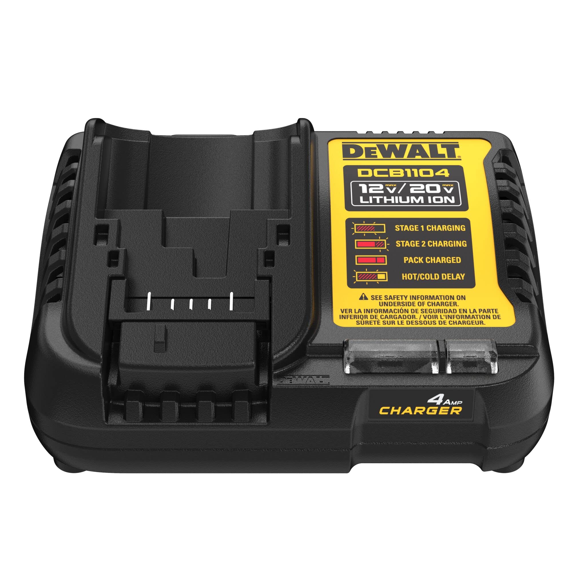 DEWALT DCB1104 front view showing compact charger and slot, fast organization benefit