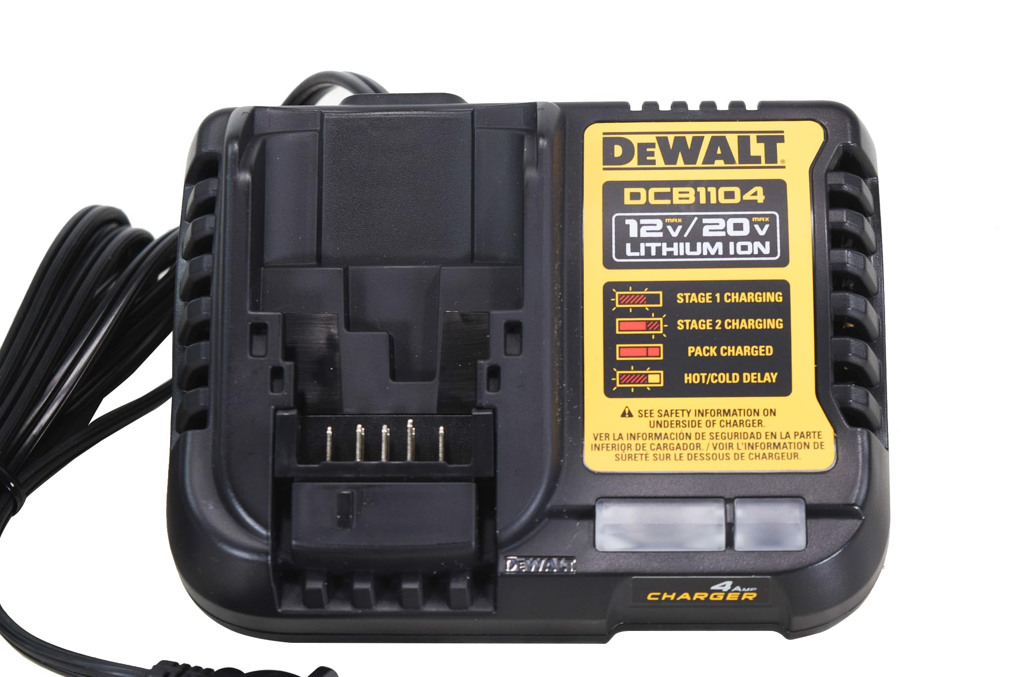 DEWALT DCB1104 LED indicators close-up showing diagnostics for safe charging