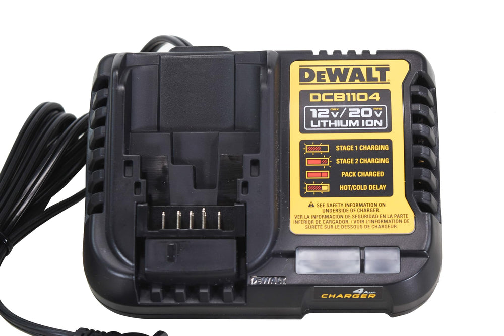 DEWALT DCB1104 LED indicators close-up showing diagnostics for safe charging