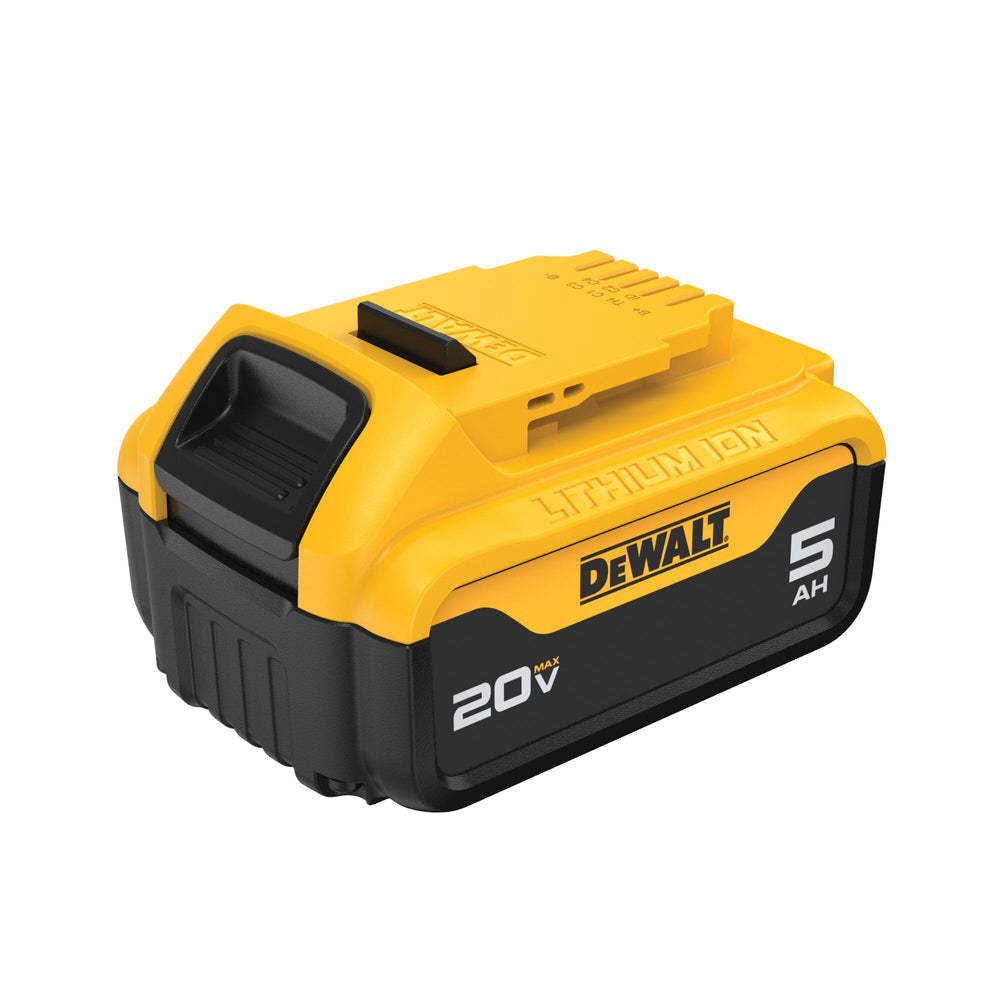 DEWALT DCB205 next to a tape measure illustrating compact size and portability