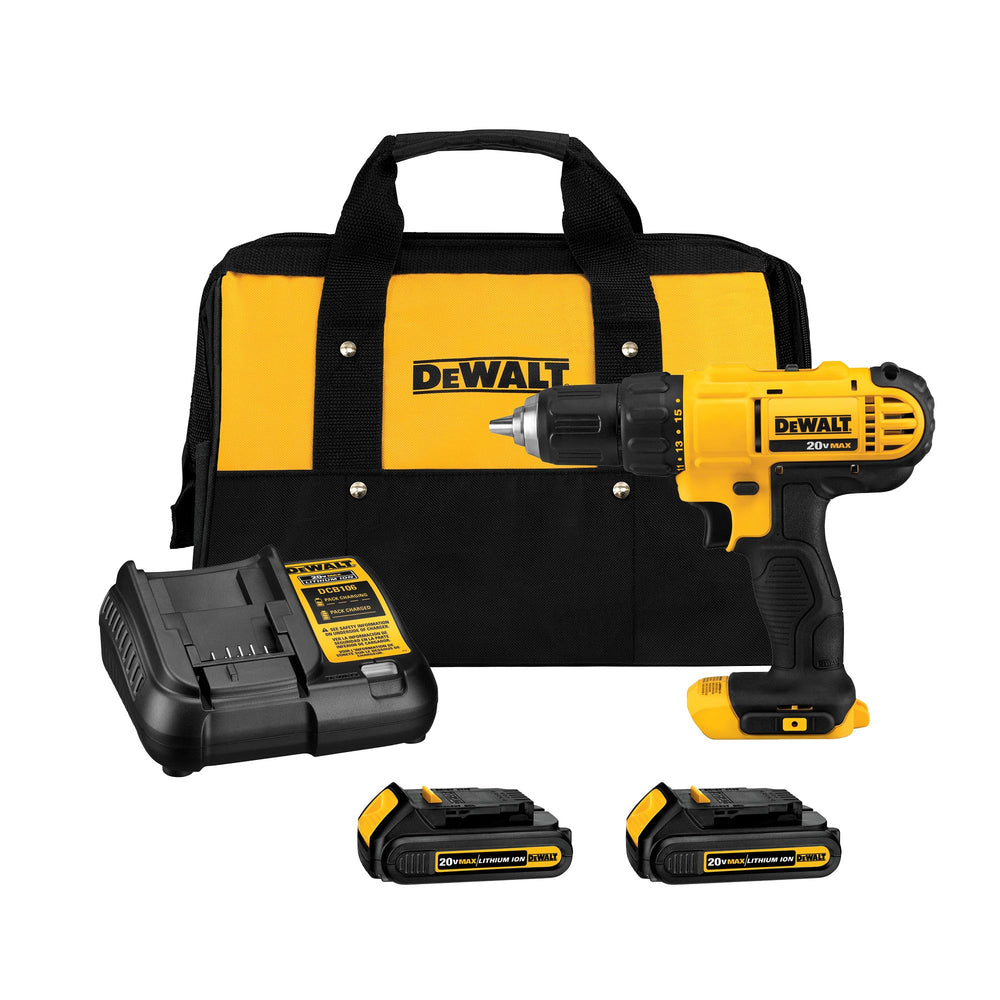 DEWALT compact drill packaging showing kit contents and portability benefits