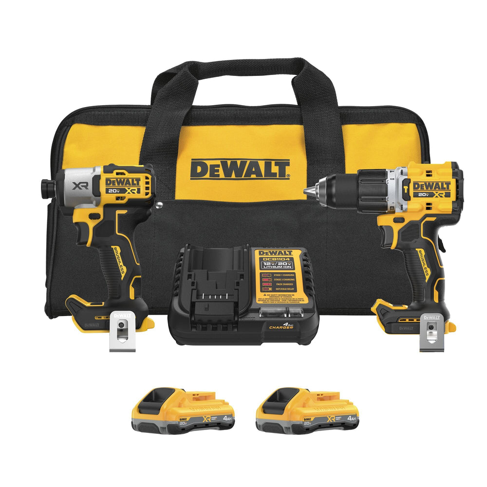DEWALT DCK250QQ2 front angle view showing hammer drill and impact driver with benefits of kit versatility