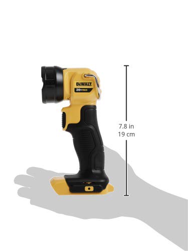 DEWALT DCL040 hung from a support using integral hook, hands-free jobsite lighting benefit