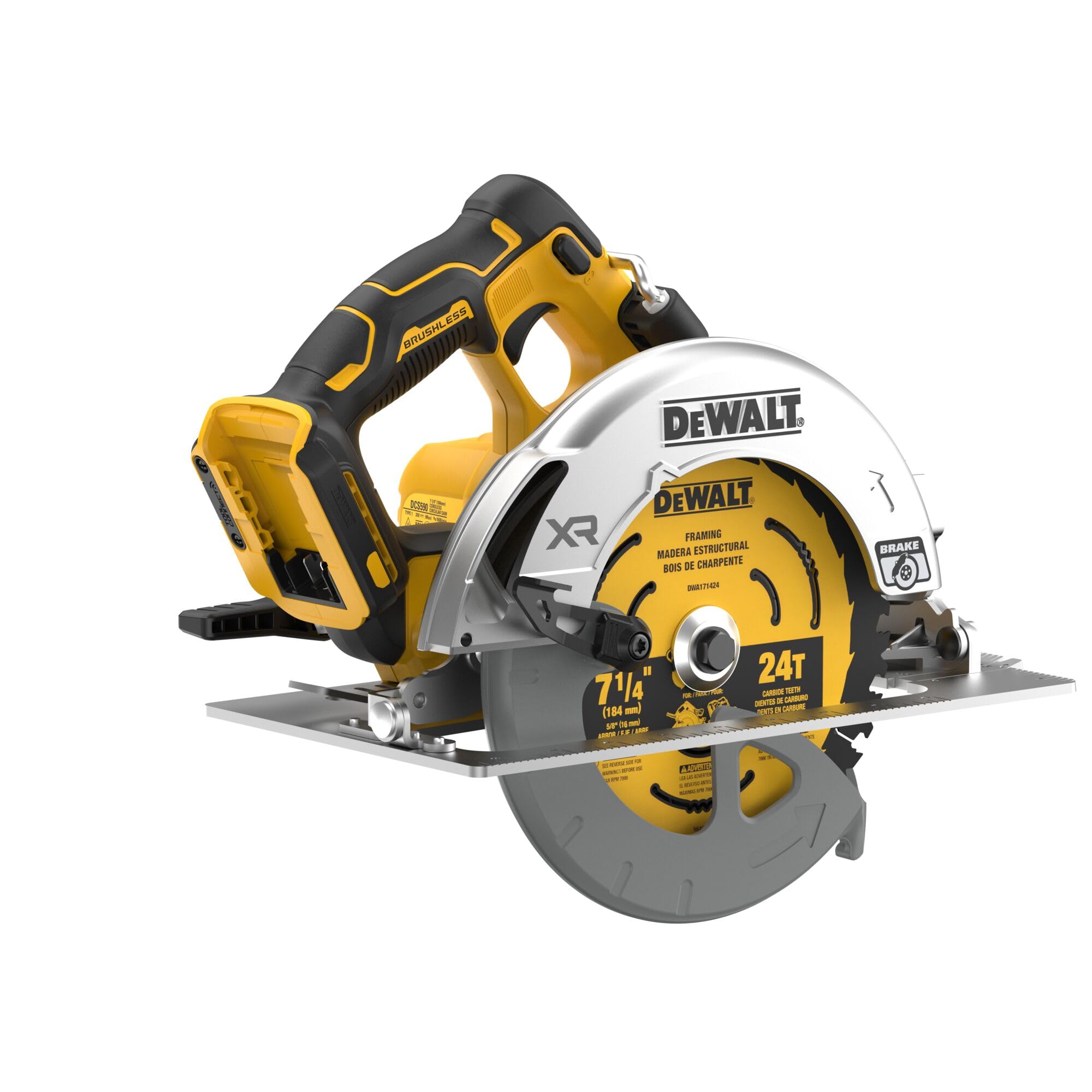 DEWALT DCS590B electronic brake detail demonstrating safer blade stop