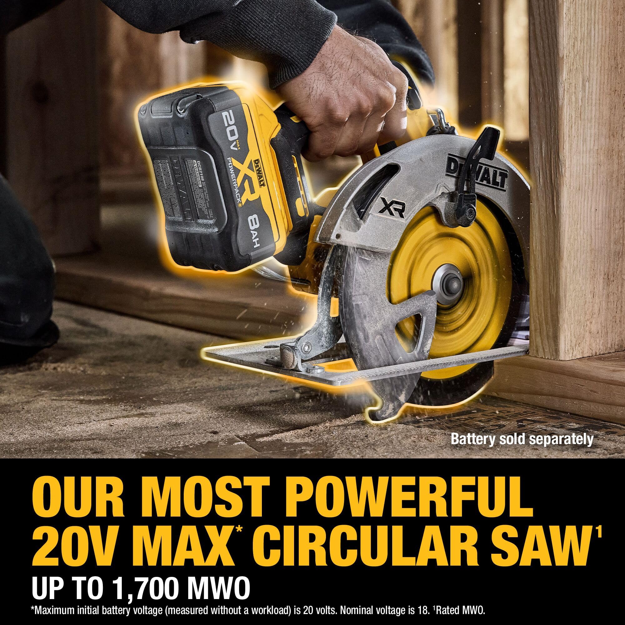 DEWALT DCS590B cutting framing lumber illustrating powerful throughput benefit