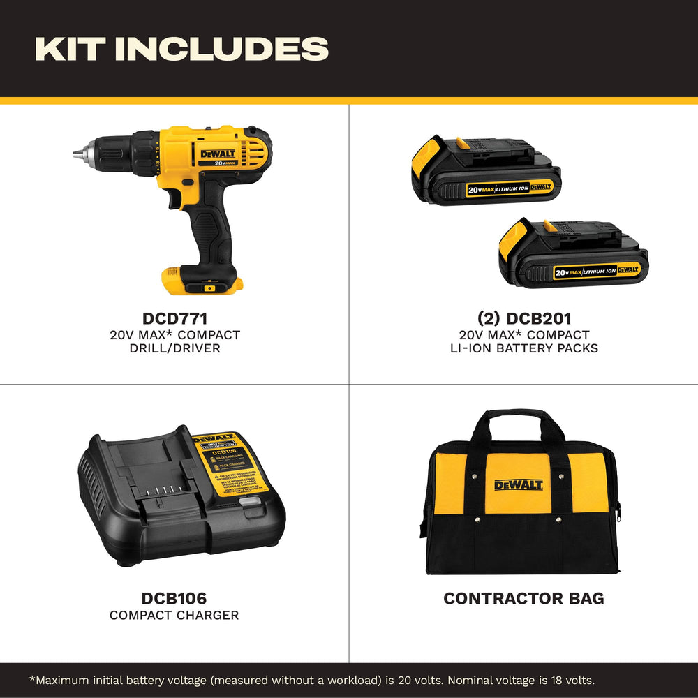DEWALT 20V Max drill front profile demonstrating balanced compact design