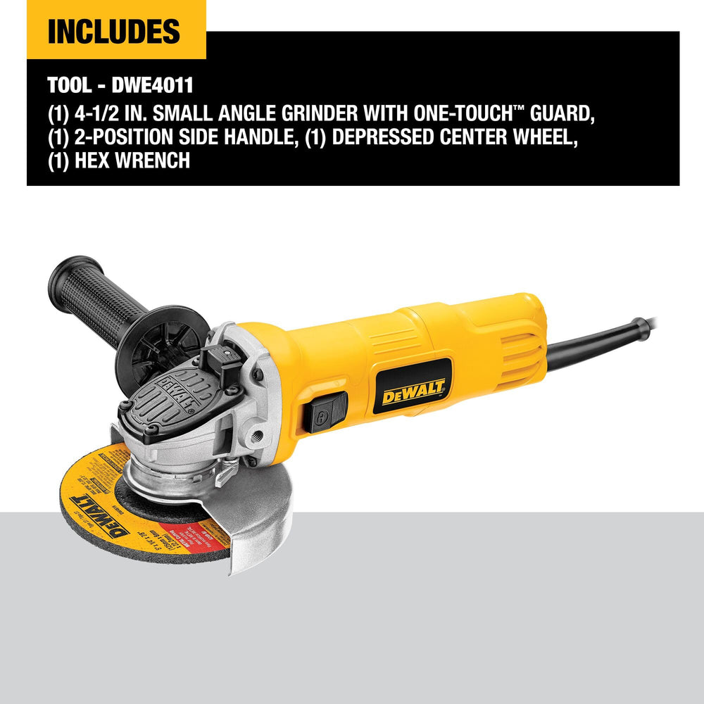 DEWALT one-touch guard close-up showing fast tool-free adjustment benefit