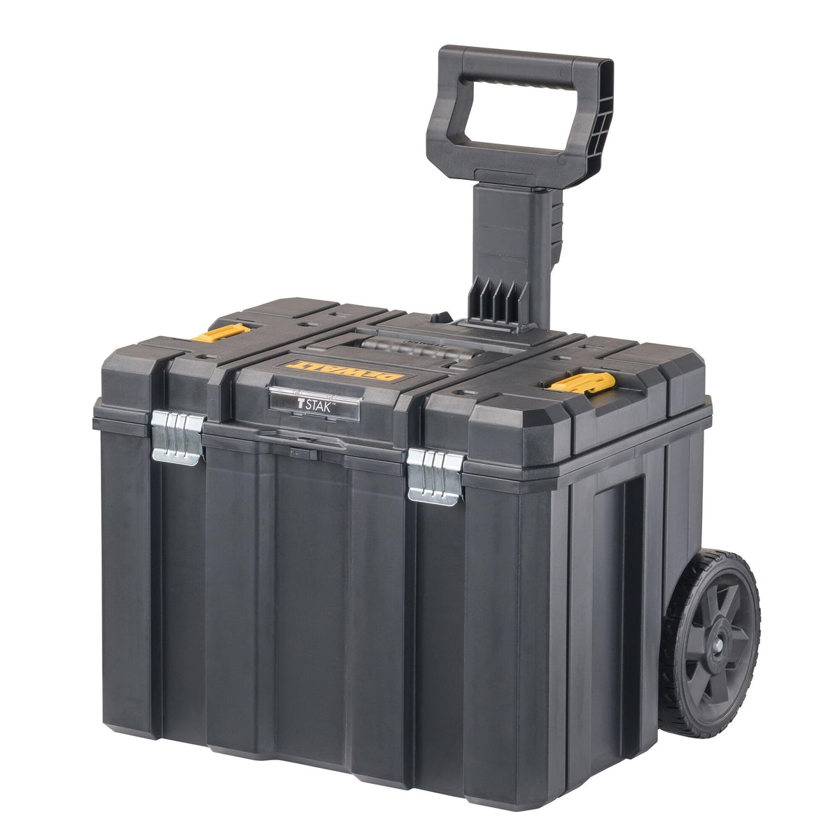 DEWALT front view of rolling tool box showing capacity and secure closure