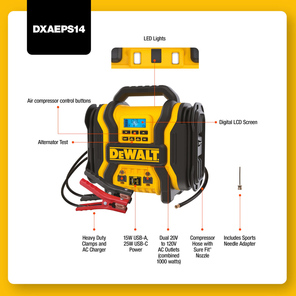DEWALT DXAEPS14 clamps and cables detail with safety features for correct connections