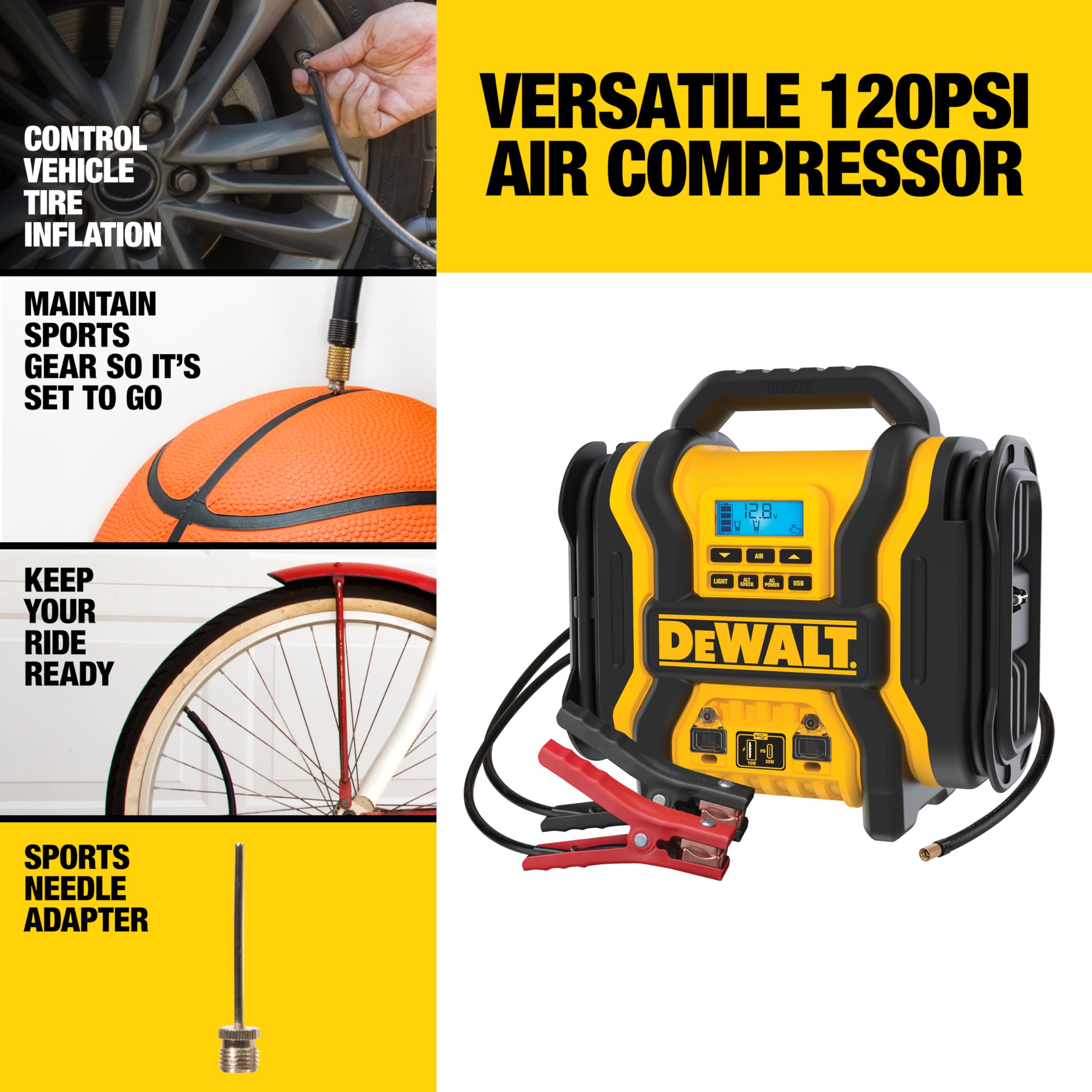 DEWALT DXAEPS14 inflator display closeup showing digital PSI readout for accurate inflation