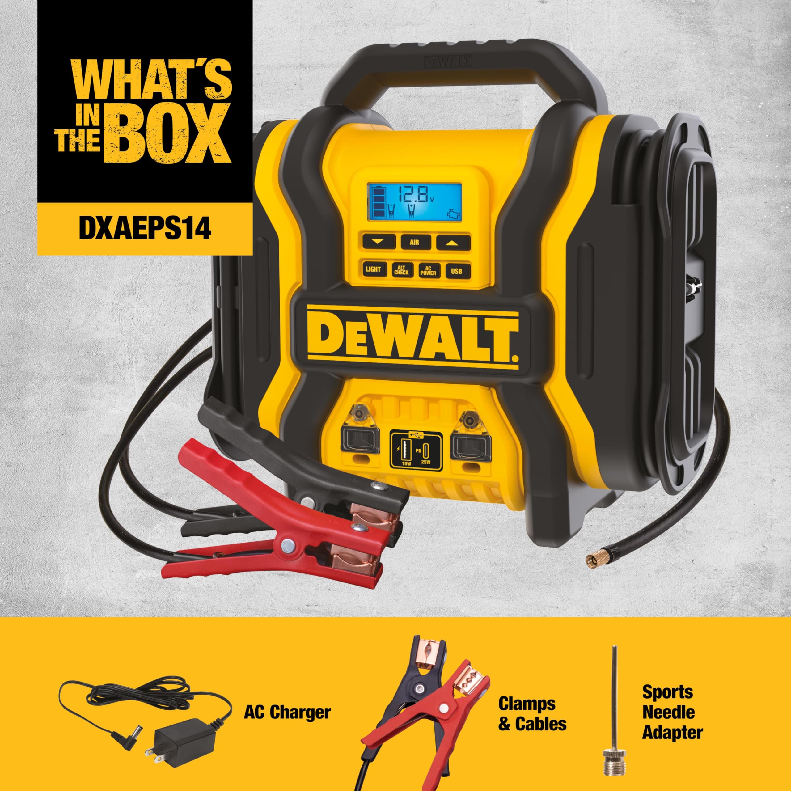 DEWALT DXAEPS14 in a car trunk showing compact size and easy transport for roadside readiness