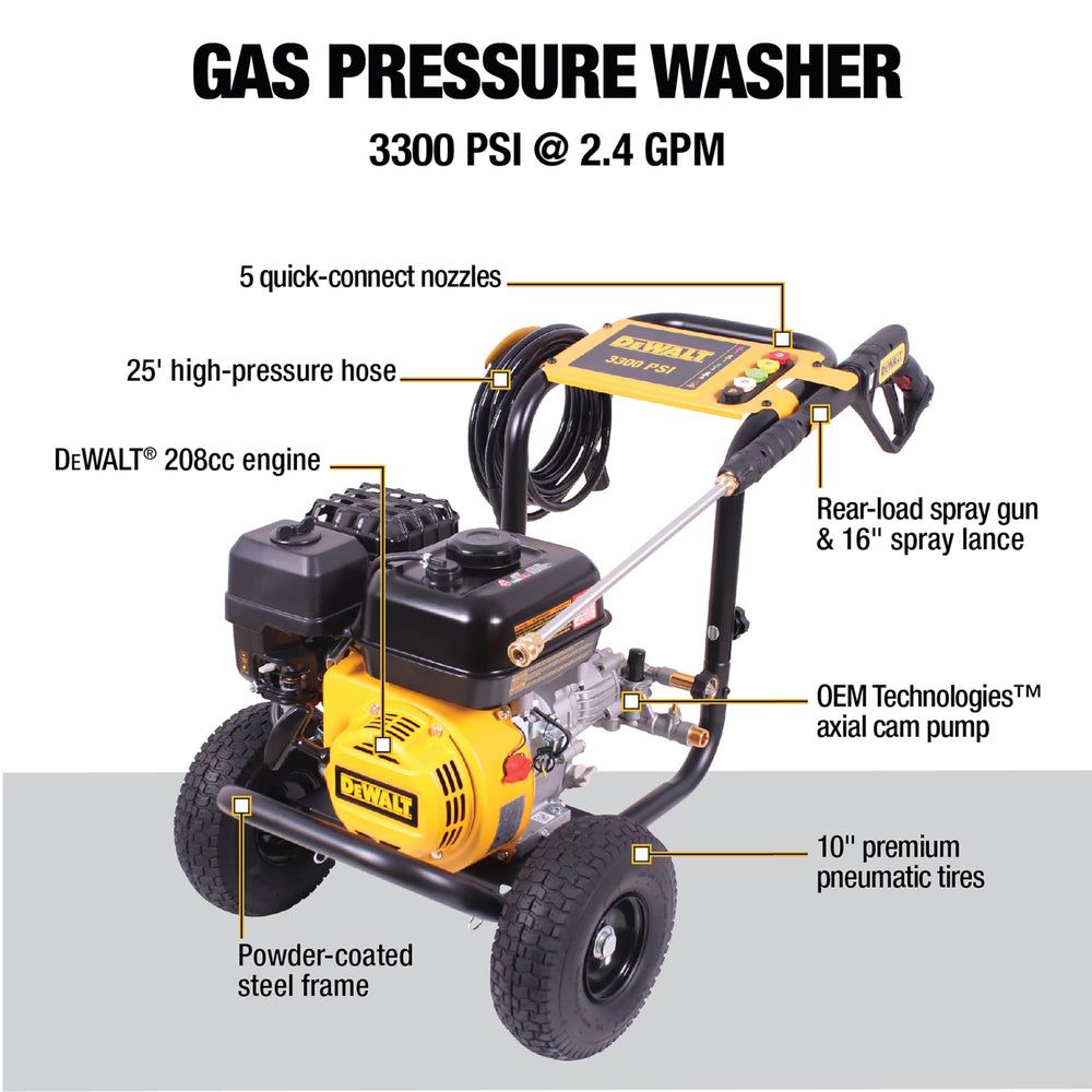 DEWALT 208cc engine close-up highlighting reliable starts and protection