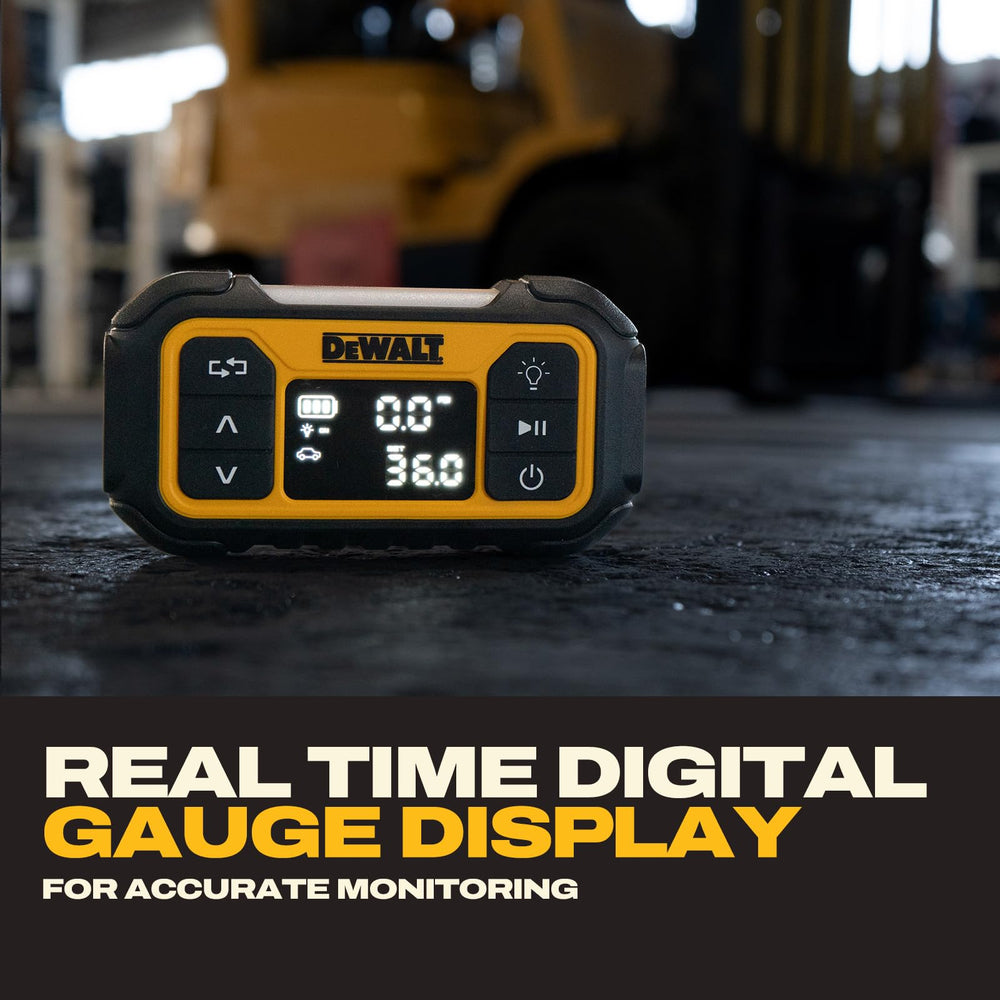 DEWALT accessories laid out including Presta adapter, needle, USB-C cord for ready use