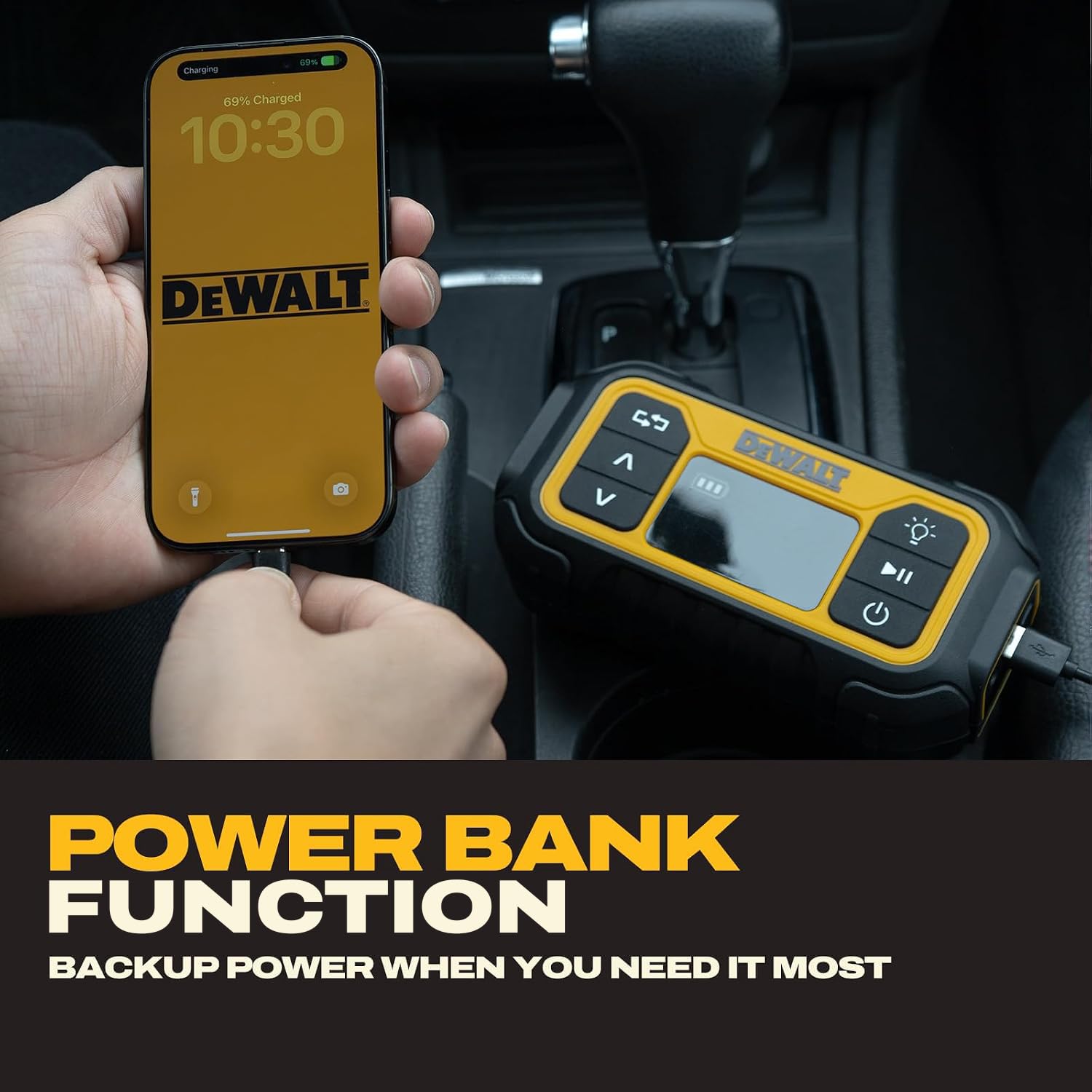 DEWALT inflator stored in car trunk offering convenient roadside readiness