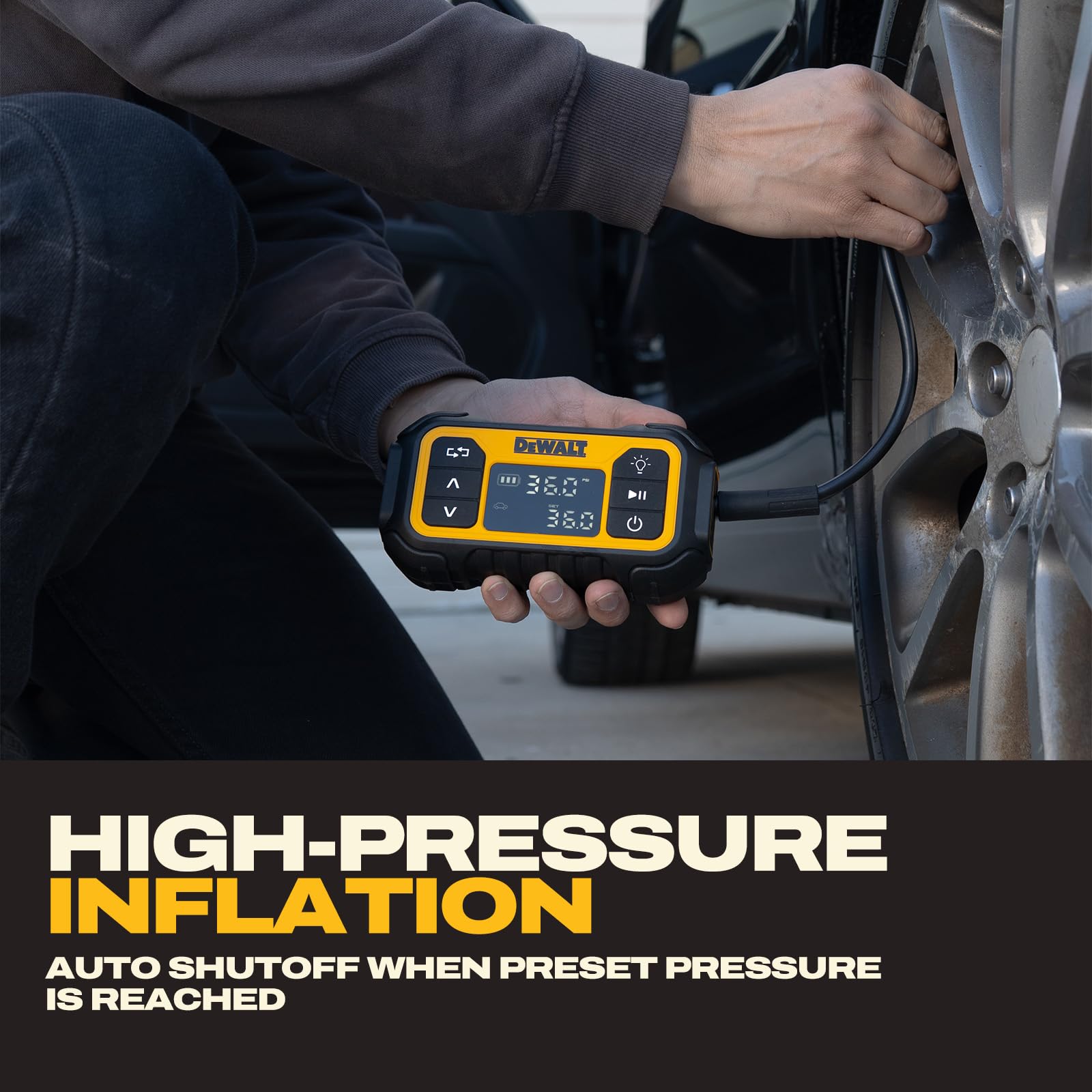 DEWALT inflator LED light illuminating a tire in low light for safer night use