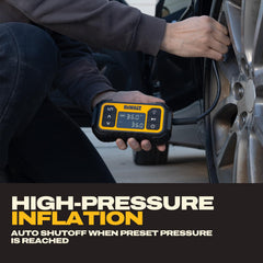 DEWALT inflator LED light illuminating a tire in low light for safer night use