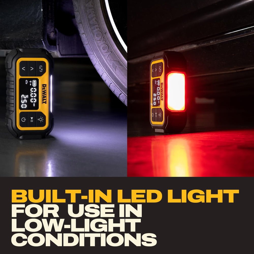 DEWALT inflator held in hand to show compact scale and easy portability