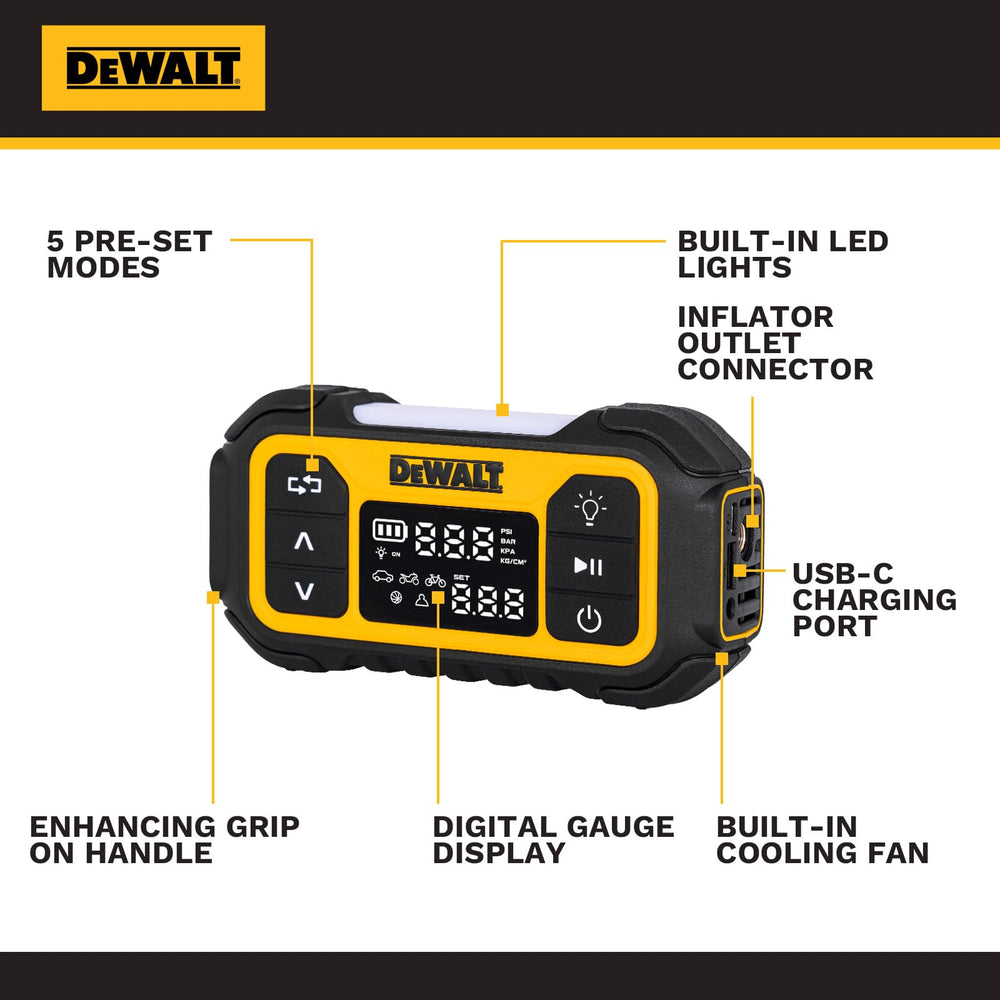 DEWALT inflator attached to a bicycle tire delivering fast, reliable inflation