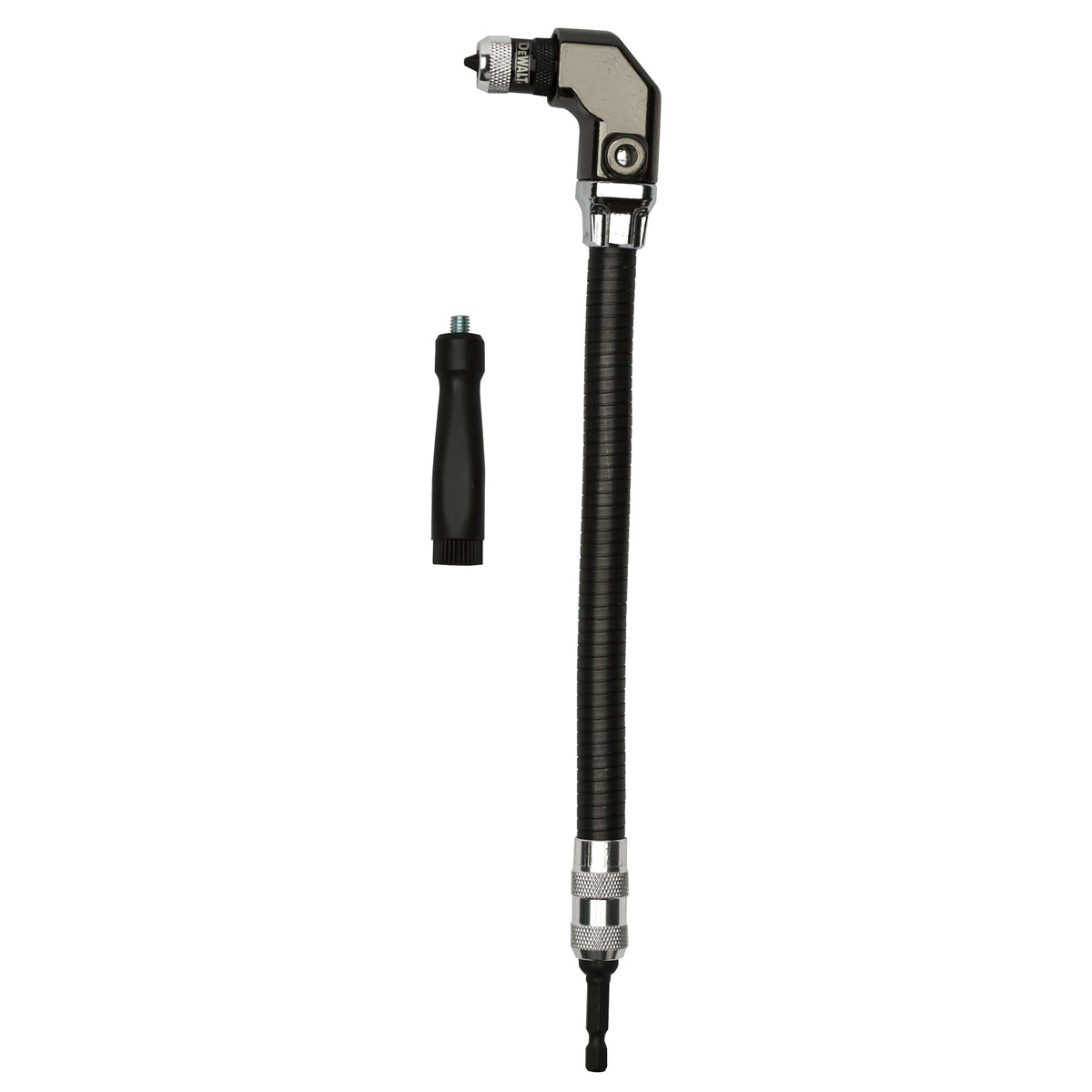 DEWALT right angle flex shaft front view showing compact profile and reach benefit