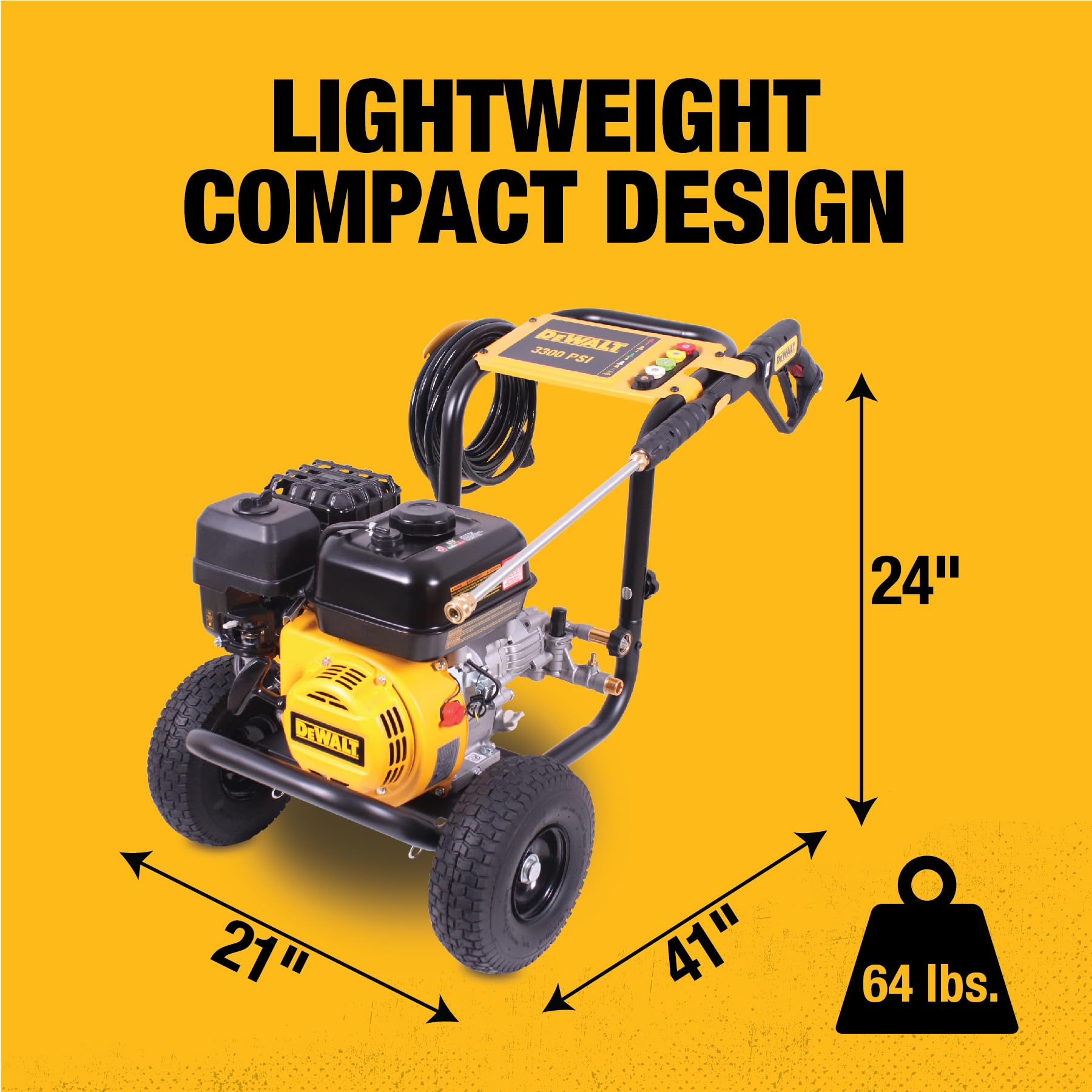 DEWALT pressure washer next to person showing compact footprint and scale
