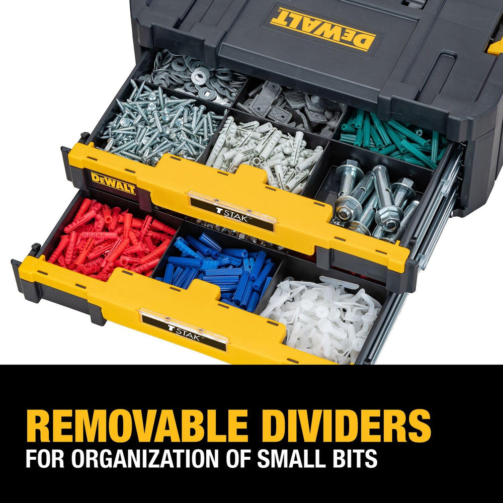 DEWALT TSTAK removable divider detail showing customizable small-part organization