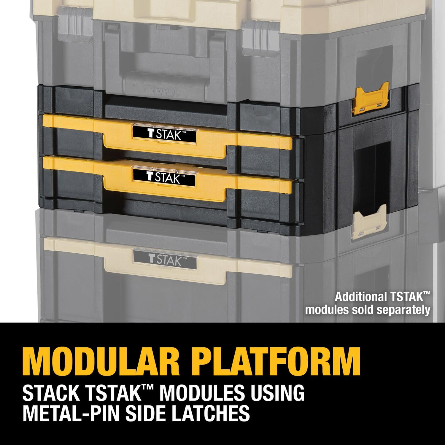 DEWALT TSTAK drawer filled with bits and fasteners demonstrating practical capacity