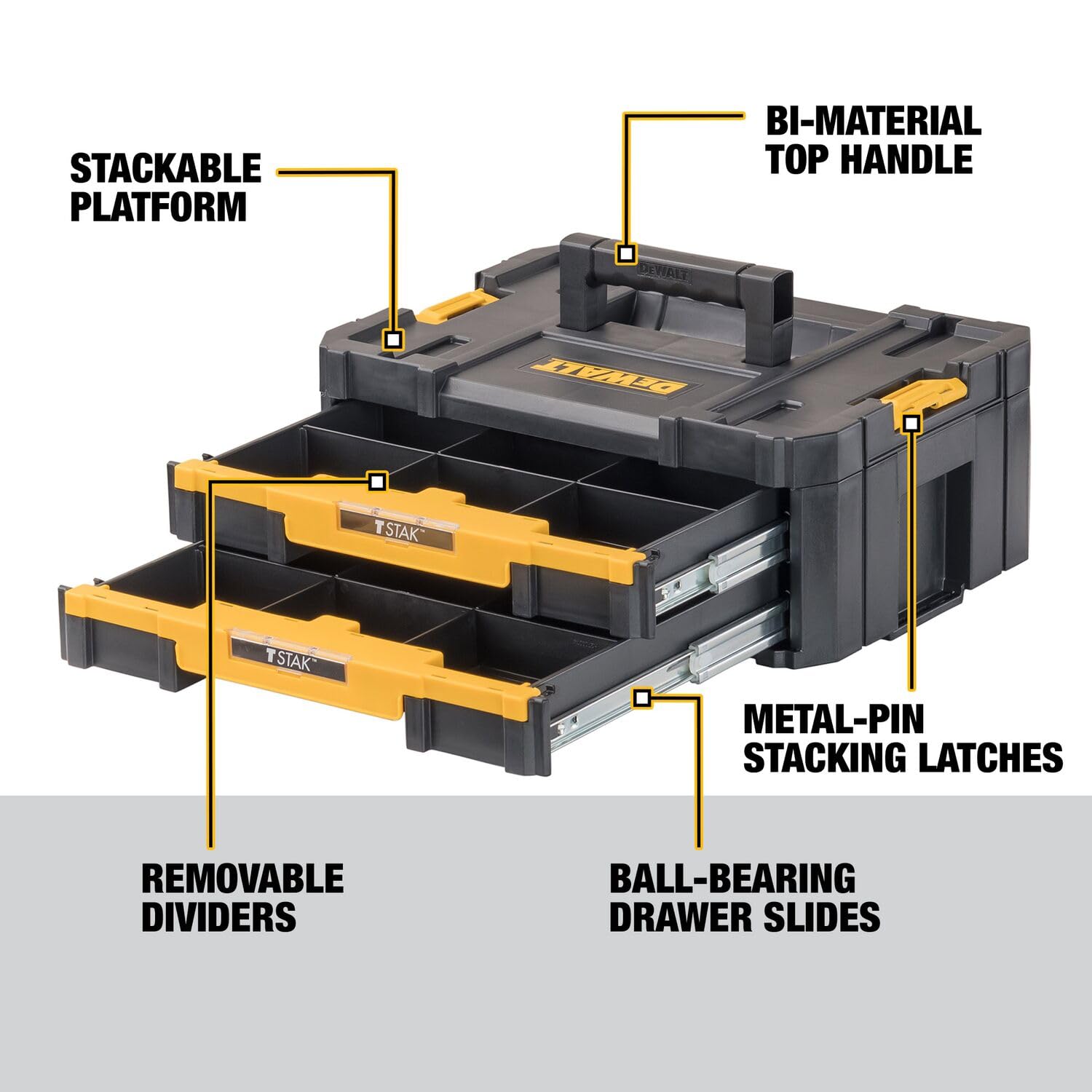 DEWALT TSTAK bi-material handle close-up for comfortable carrying benefit