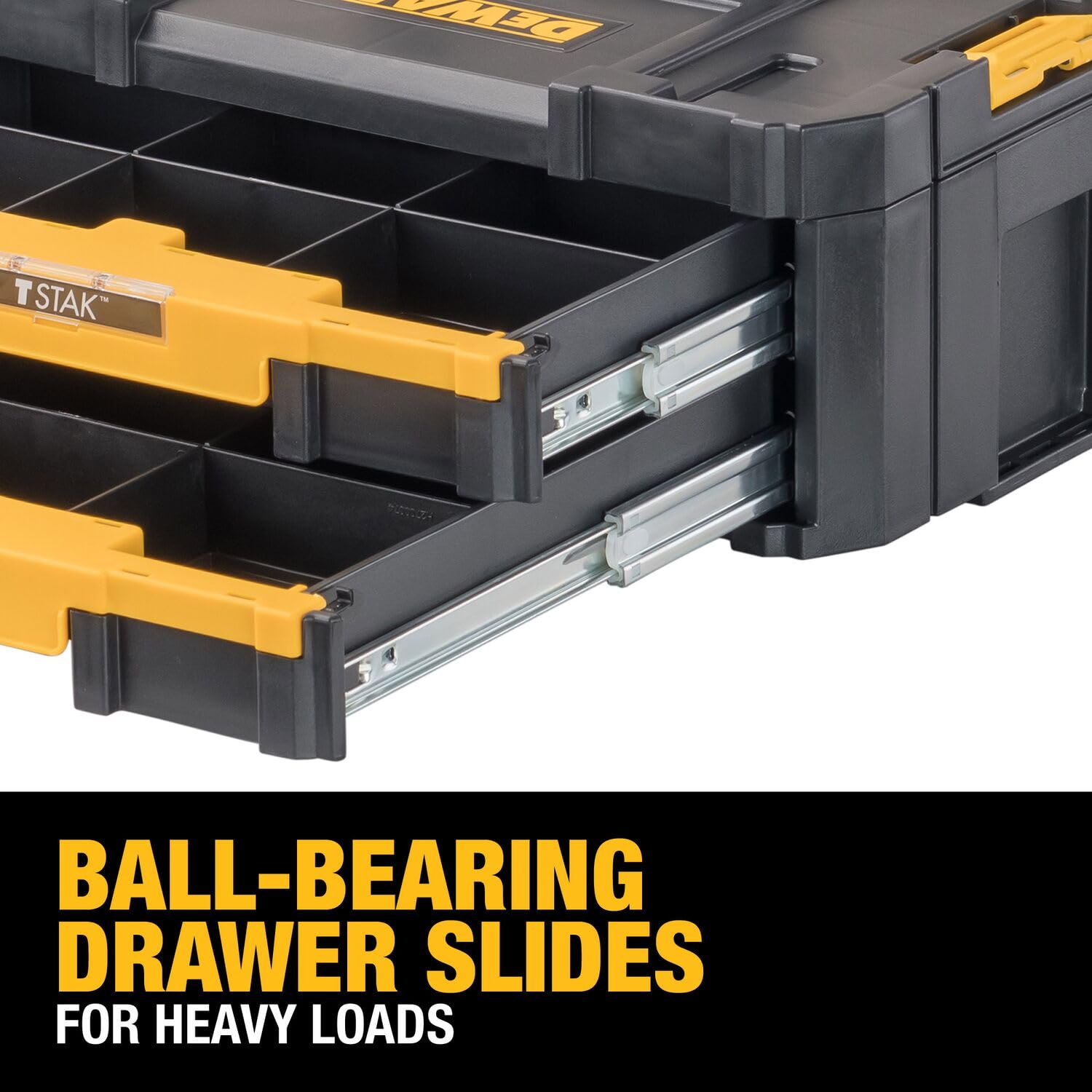 DEWALT TSTAK next to a tape measure for scale showing compact footprint