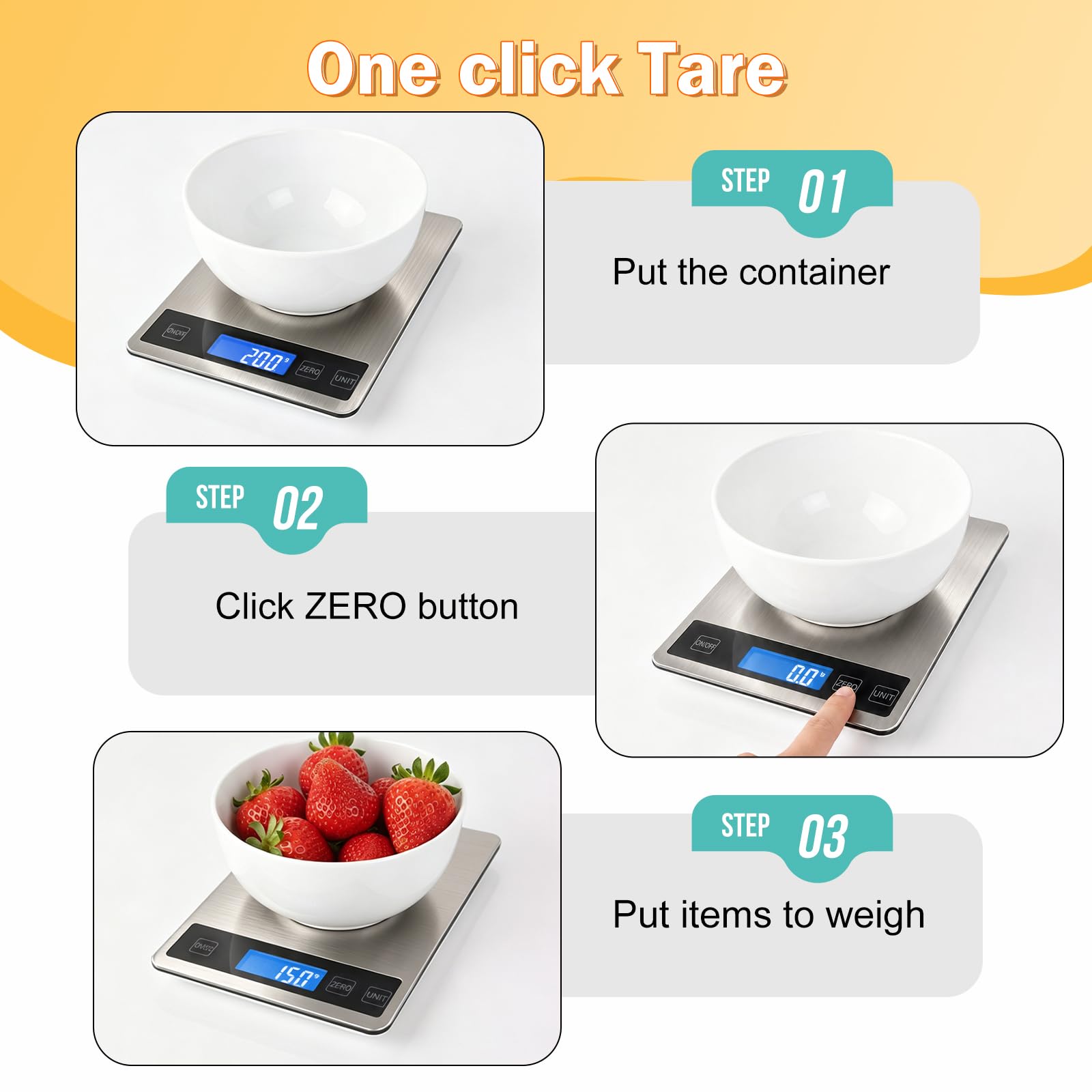 Deweywei attached hook hanging the scale to save counter space and keep kitchen tidy