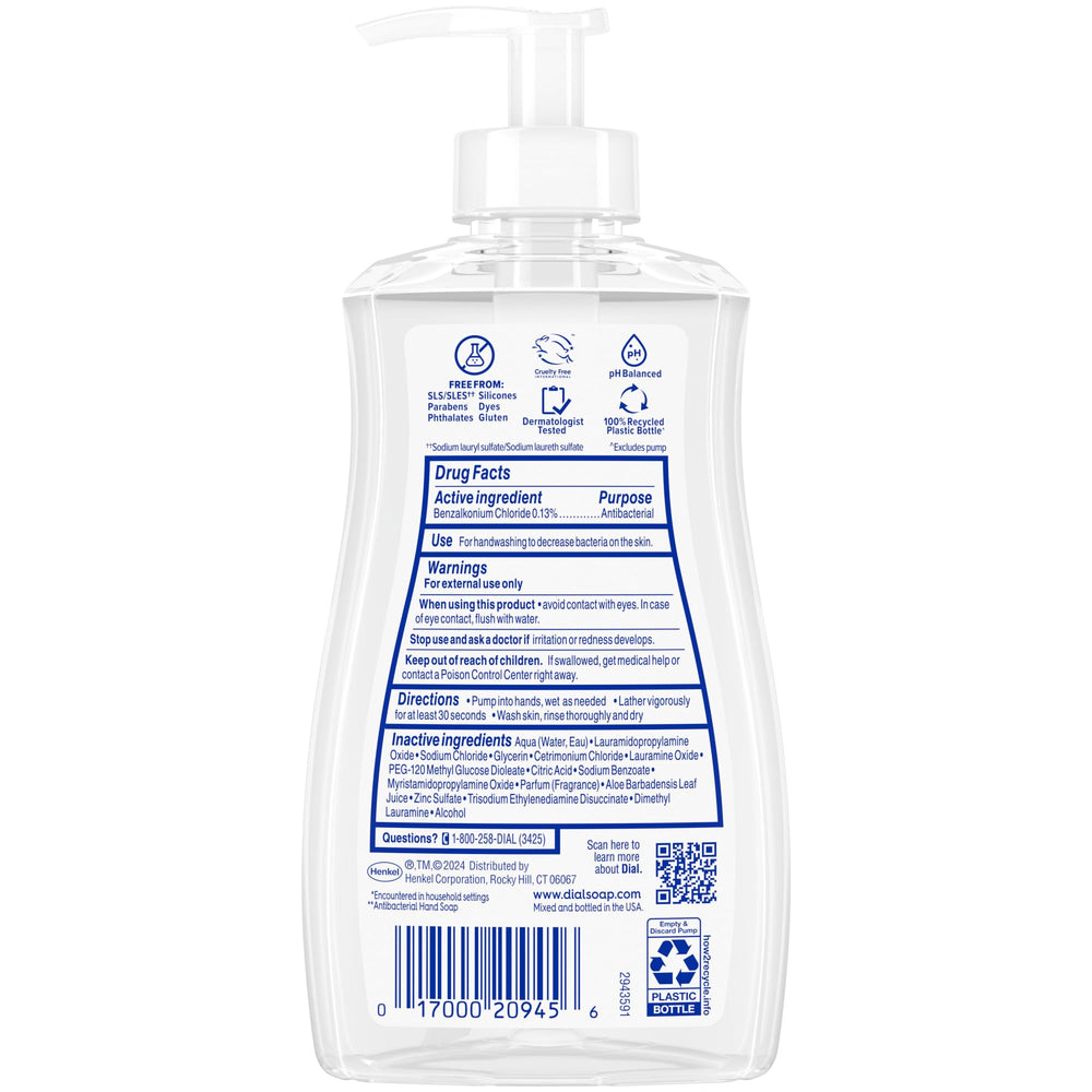 Dial aloe pump and label detail highlighting gentle formula