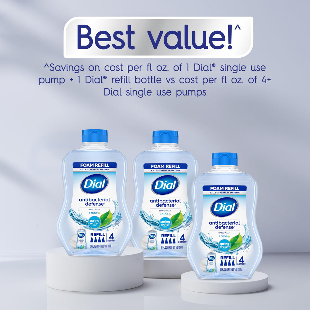 Dial bottle texture and cap detail emphasizing easy-pour refill and durable packaging
