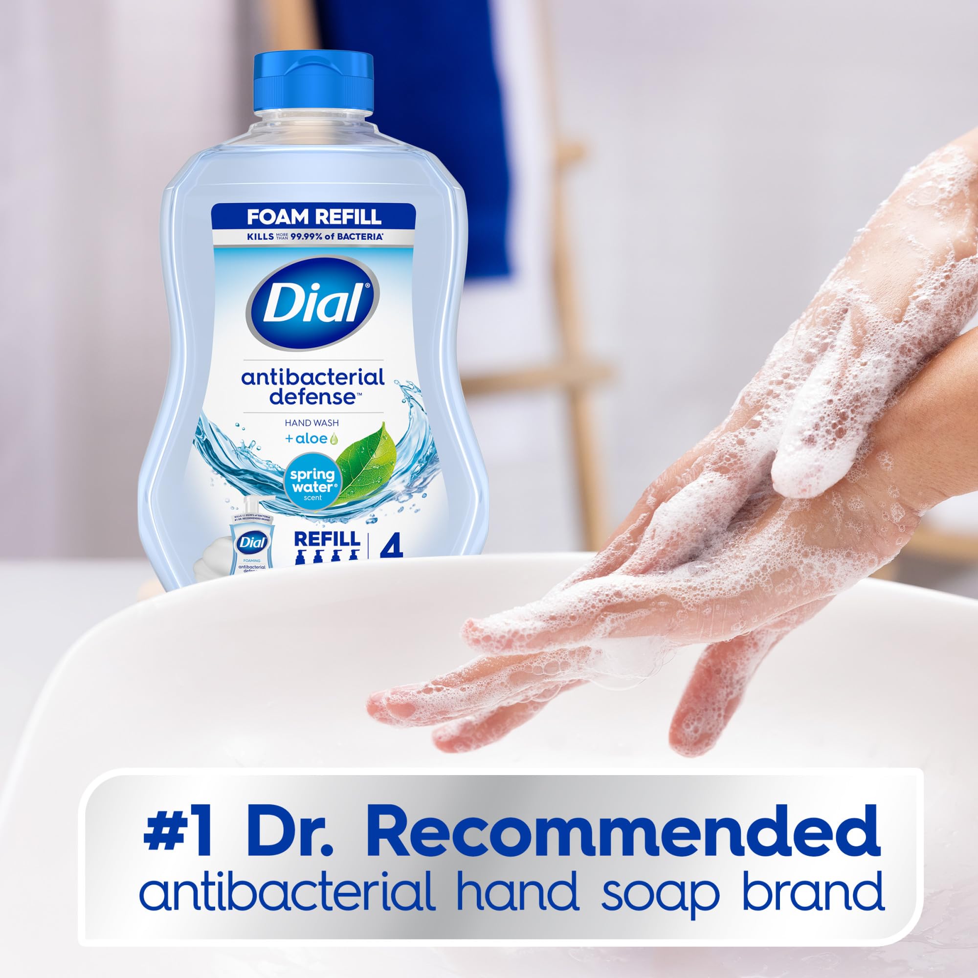Dial foaming lather dispensed from pump into hands, demonstrating quick clean and soft feel